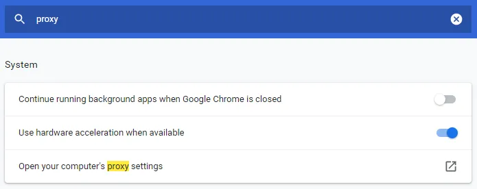 Tìm proxy trong Chrome settings thì thấy phần mở Proxy settings của máy tính.