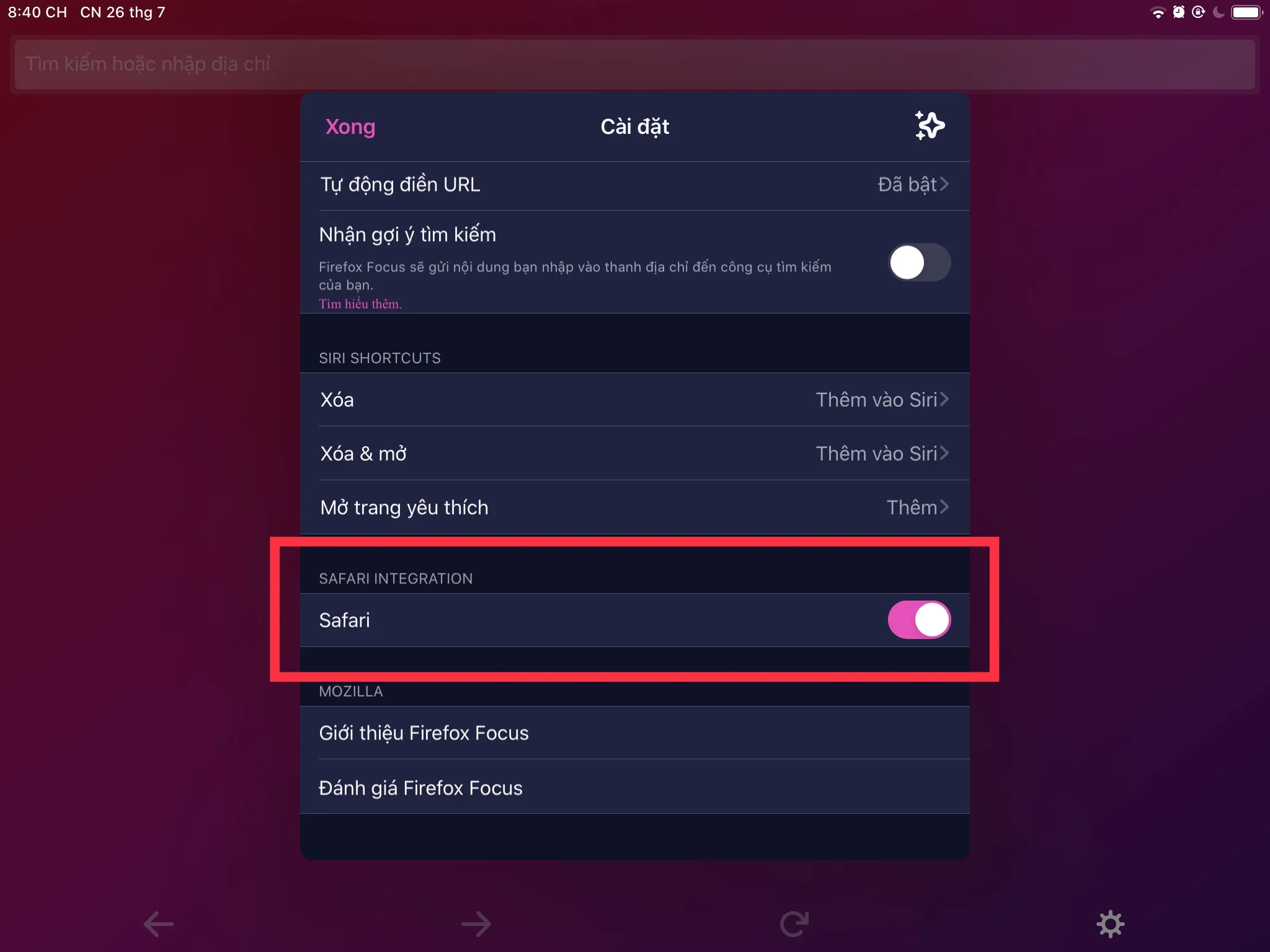 Bật Safari Integration trong Firefox Focus