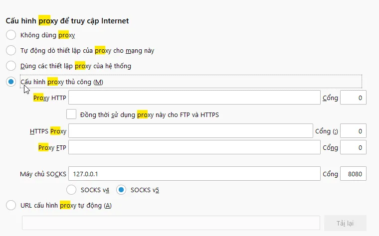 Giao diện cấu hình proxy trên Firefox