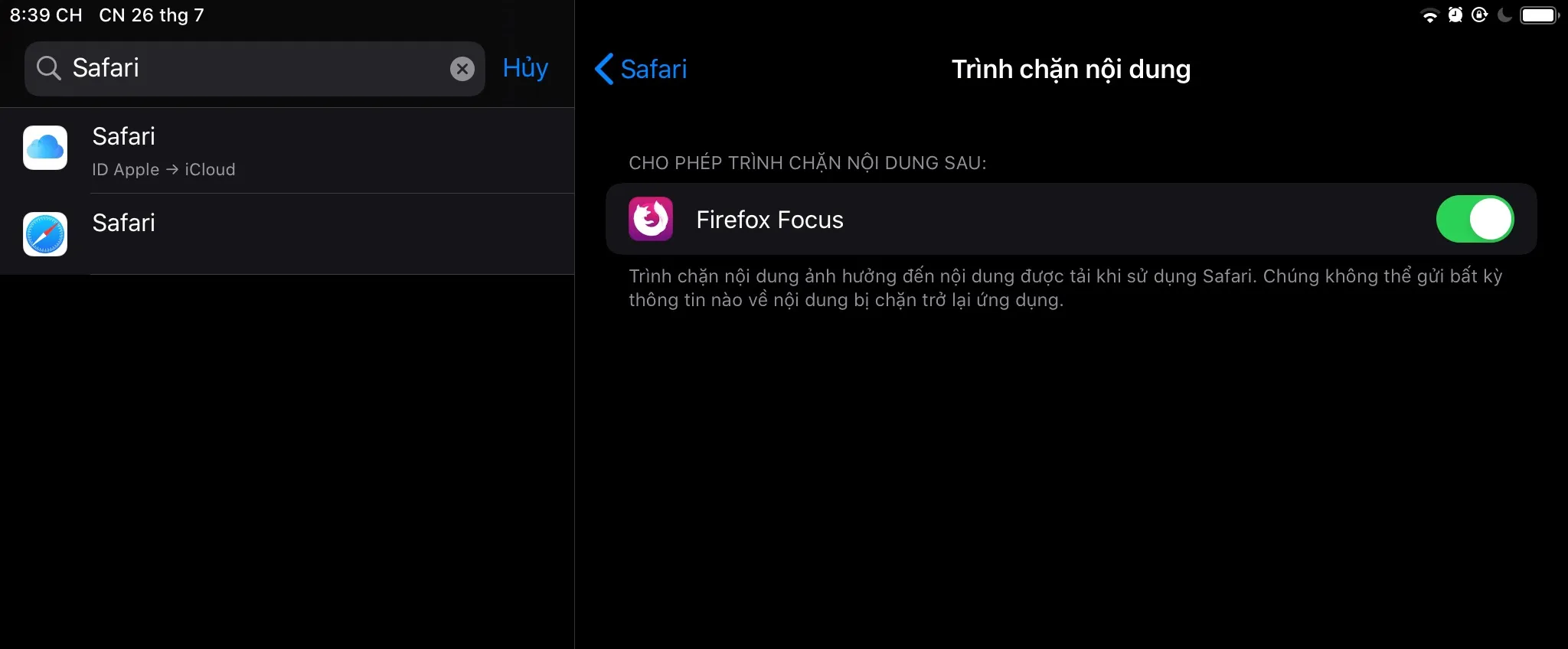 Bật Firefox Focus trong cài đặt Safari